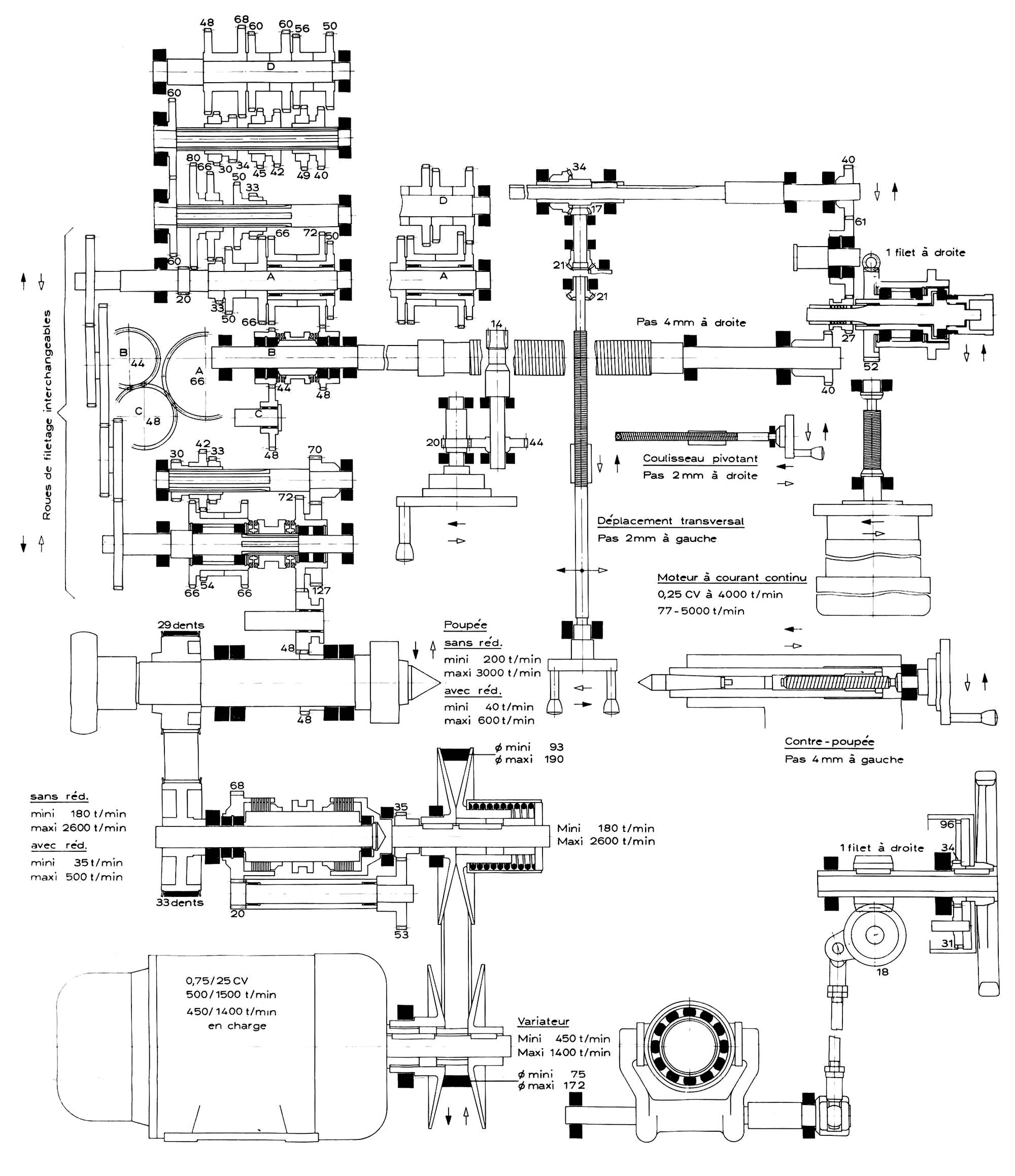 Схема кінематична токарно-гвинторізного верстата Schaublin 125 B